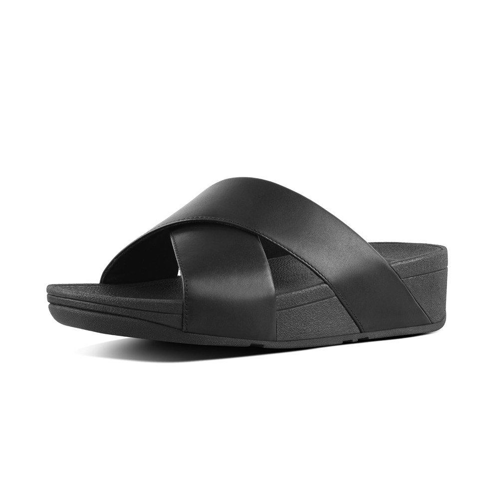 Fitflop Womens Slides Black - Lulu Leather Cross - 63UOQENZR